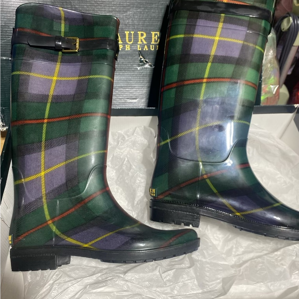 Ralph Lauren Rossalyn II Knee-High Rainboots – Black Watch Green Plaid